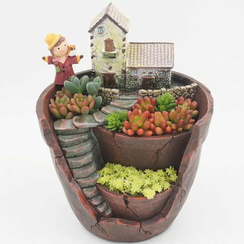 

Retro Farmhouse Flower Pot for Succulents Plants Decorative Planter Mini Bonsai Flowerpot Fairy Garden Home Desktop Decoration