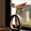 1 Set Vase Hydroponic Test Tube Shape With Wooden Stand Clear Flower Plants Vase Table Propagation Vase Home Desktop Decoration 1