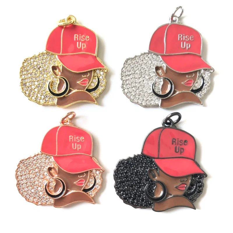 5pcs Enamel Micro Pave Rise Up Black Girl Charms for Women Bracelet Necklace Making Afro Girl Sports Pendant Jewelry Supply