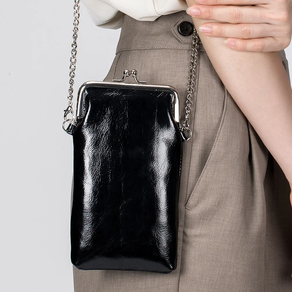 Leather Retro Phone Bag Women's Shoulder Chain Crossbody Bag Fashion Kiss Lock Clip Frame Cell Phone Purse for Women Lady Girls