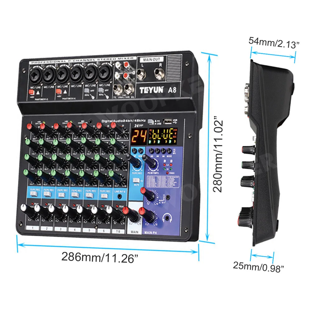 Woopker A8 Audio Mixer 8-Channel Sound Mixing Console Support Bluetooth USB 48V Power for Karaoke Party Recording Webcasting