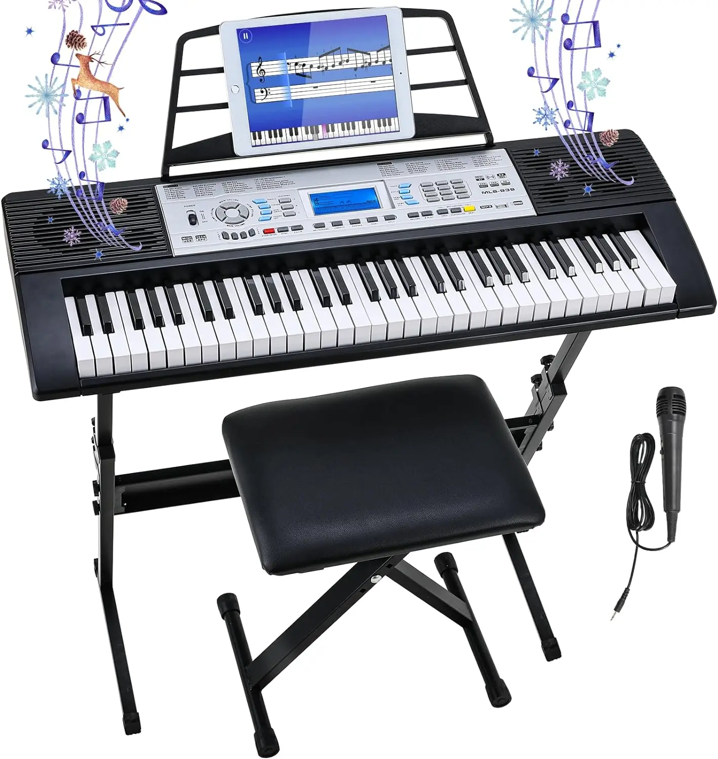61 Key Keyboard Piano Digital Piano Keyboard Set for Kids with Microphone Dual Power Supply Built-in Dual Speakers LCD Screen