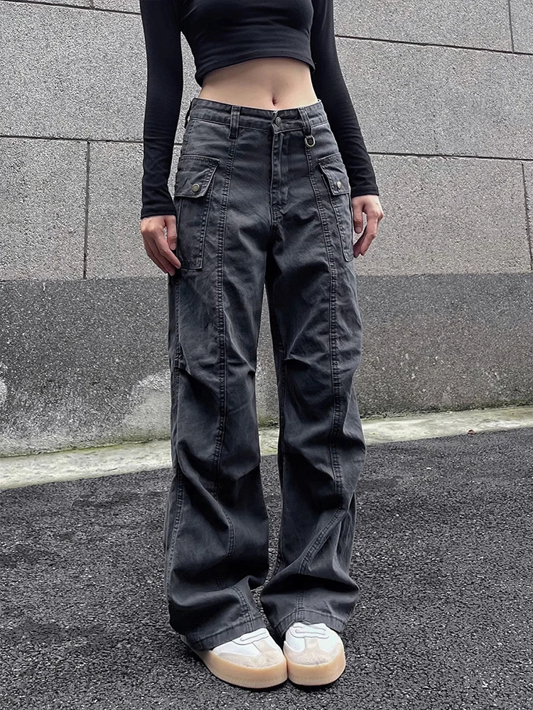 Retro American High Street Workwear Pants Casual Straight Leg Jeans Men Women Summer Trendy Folded Waist Design Zipper Fly