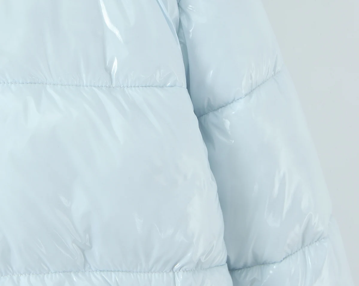 New Winter Fashion Women Bright Light Blue Zipper Up Bread Parka Coat Woman Stand Collar Removable Hooded Long Sleeve Outerwear