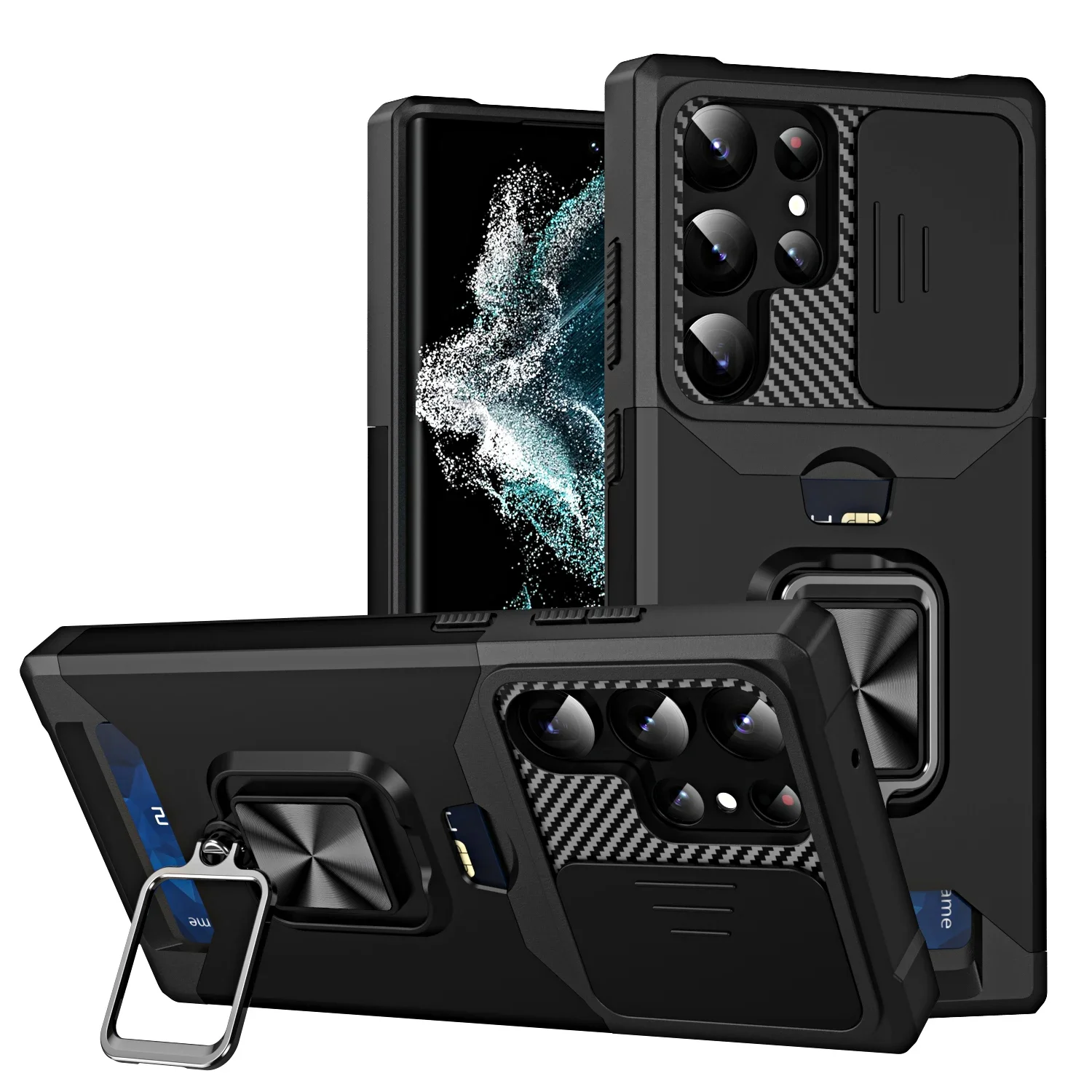 Card Slot Wallet Ring Holder Case with Armor Kickstand and Bumper Protection
