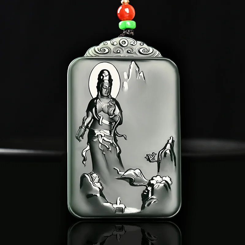 

Jiale/Hand-Carved/Natural Hetian Cyan Jade Landscape Guanyin Pendant Fine Jewelry Accessories Men Women Couple Necklace Amulet