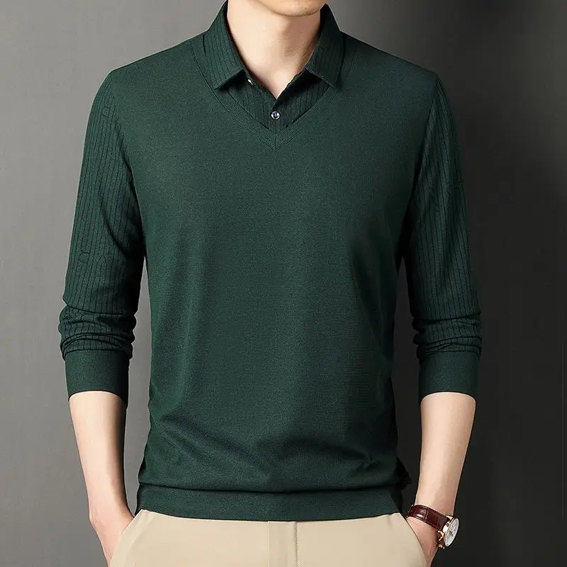 2023 New Spring and Autumn Fashion Casual Loose Fit Polo Collar Stripe Shirt Spliced Knit Men's Oversized Fake Two Piece Top