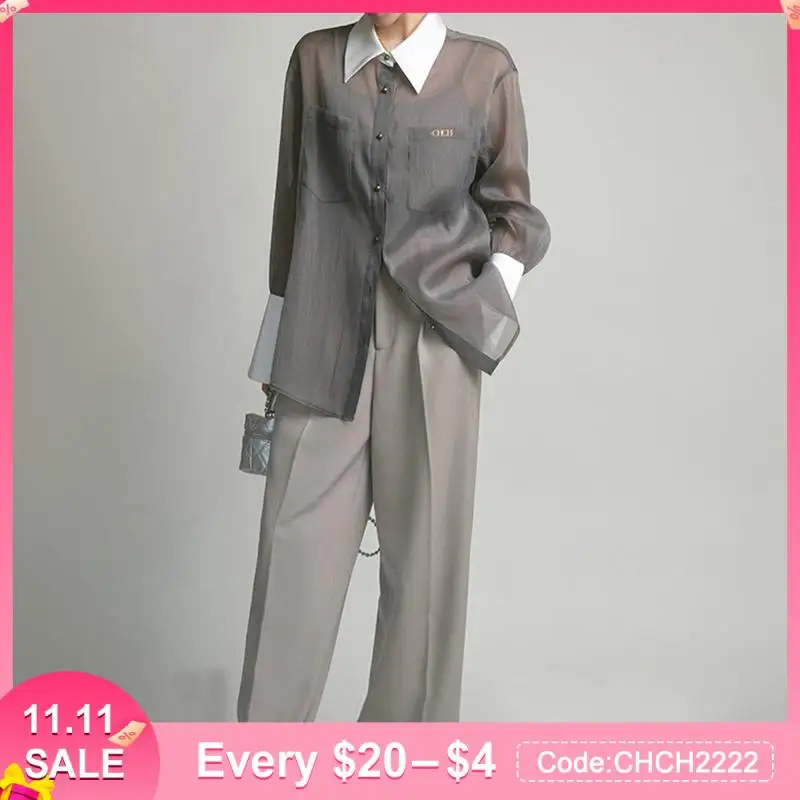 

Brand Design Grey Thin Women's Shirt Solid Color Perspective Fashion Woman Blouse 2023 Shirt Two-Piece Suit Causal Female Tops