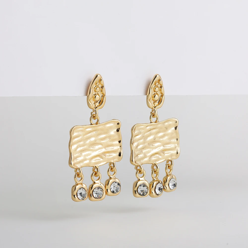 INS Hot Sale Gold Plated Metal Geometric Square Drop Earring Women Stainless Steel Irregular Rhinestone Pendant Punk Ear Jewelry