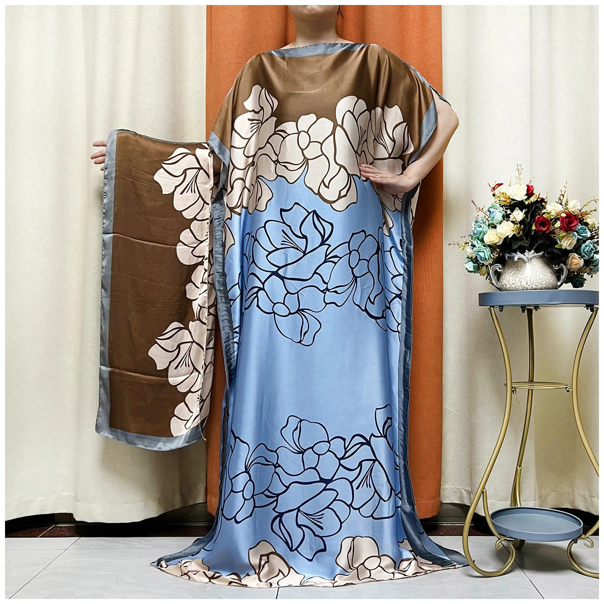 

2 Pieces Dubai Dashiki Abaya Free Size Print Design With Scarf Loose Long Dress Hot Selling Silk Oversize Africa Women Clothing