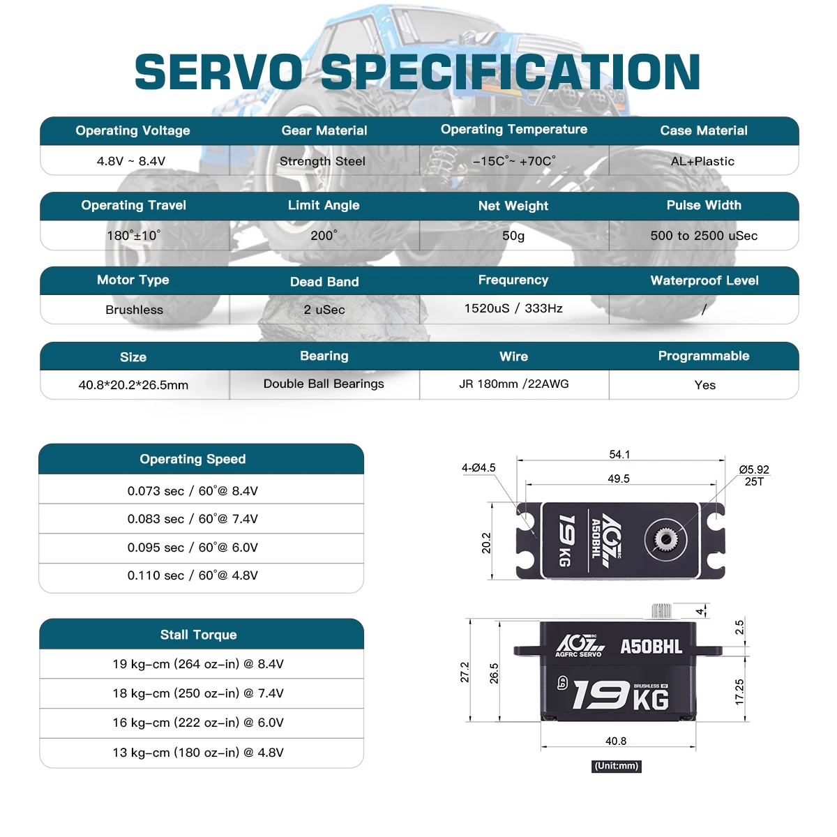 AGFRC A50BHL 19KG 울트라 토크 초고속 8.4V 프로그래밍 가능한 로우 프로파일 브러시리스 스티어링 RC 서보 자동차 여행용 표류