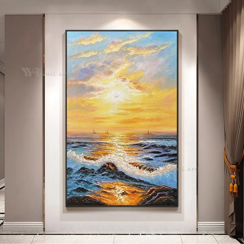 

Yellow Image Decorative Poster Sea Sunrise Hand Painted Canvas Oil Painting Wall Aesthetic Art For Living Room Hotel Restaurant