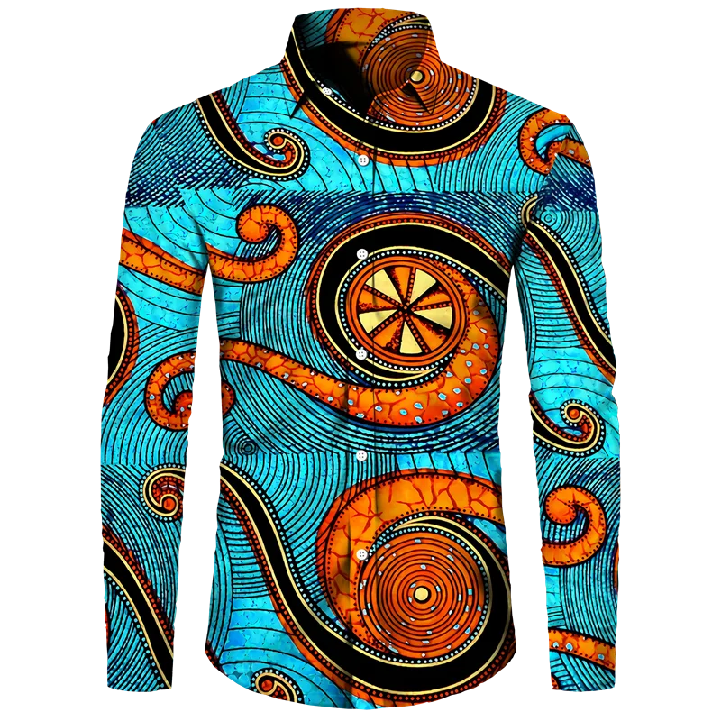 thumbnail image 1 of Camisa de manga larga informal con cuello vuelto y botones con estampado africano Dashiki para hombre, ropa de calle de moda, tops de tendencia, ropa para hombre, 1 of 5
