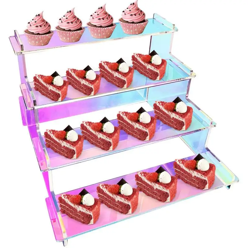 

Iridescent Acrylic Display Risers Display Stand 4 Tiered Rectangle Tabletop Rainbow Shelf Clear Display Riser Rack For Cupcake