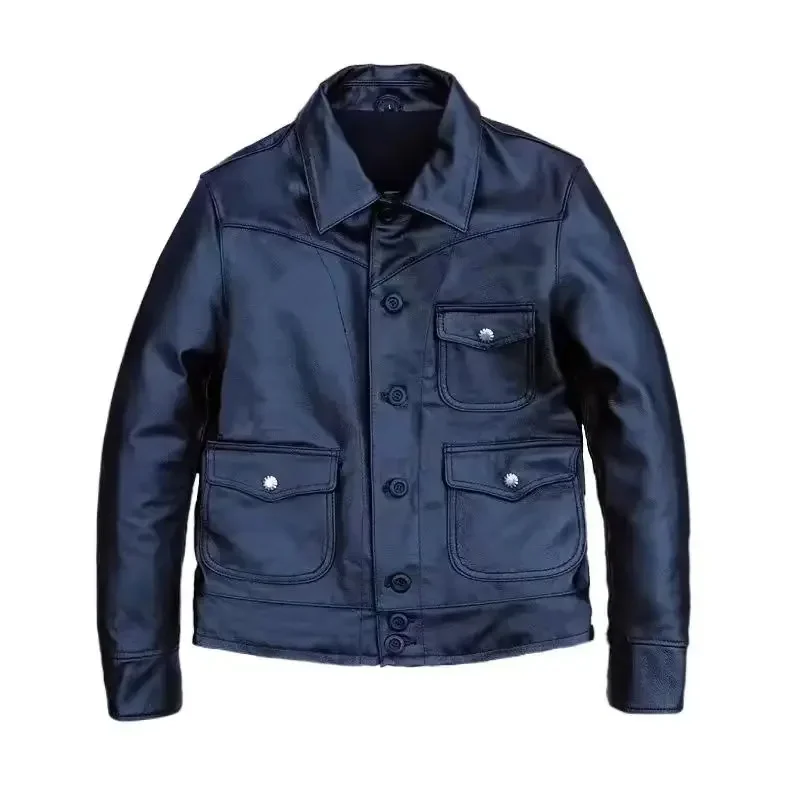 thumbnail image 1 of Nueva chaqueta casual de cuero de vaca con capa para la cabeza para hombre 2024, modelo vaquero, chaquetas clásicas con solapa de un solo pecho, 1 of 5