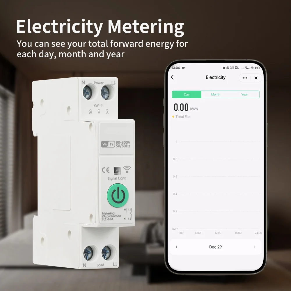 TNCE Tuya WiFi Smart Circuit Breaker Switch 1-63A 1P+N MCB Timer Power Energy kWh Voltage Current Meter Protect Alexa GoogleHome