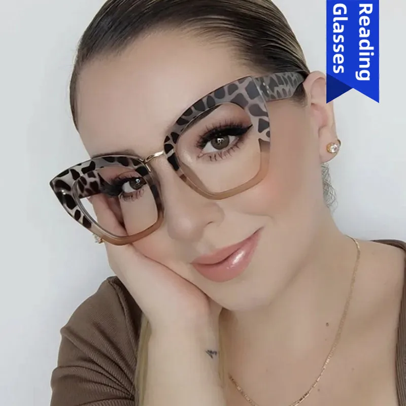 

Leopard Print Oversized Acetate Frame Women Optical Clear Corrective Short-sighted Hyperopia +1.0 + 1.5 Anti Blue Light Eyewear
