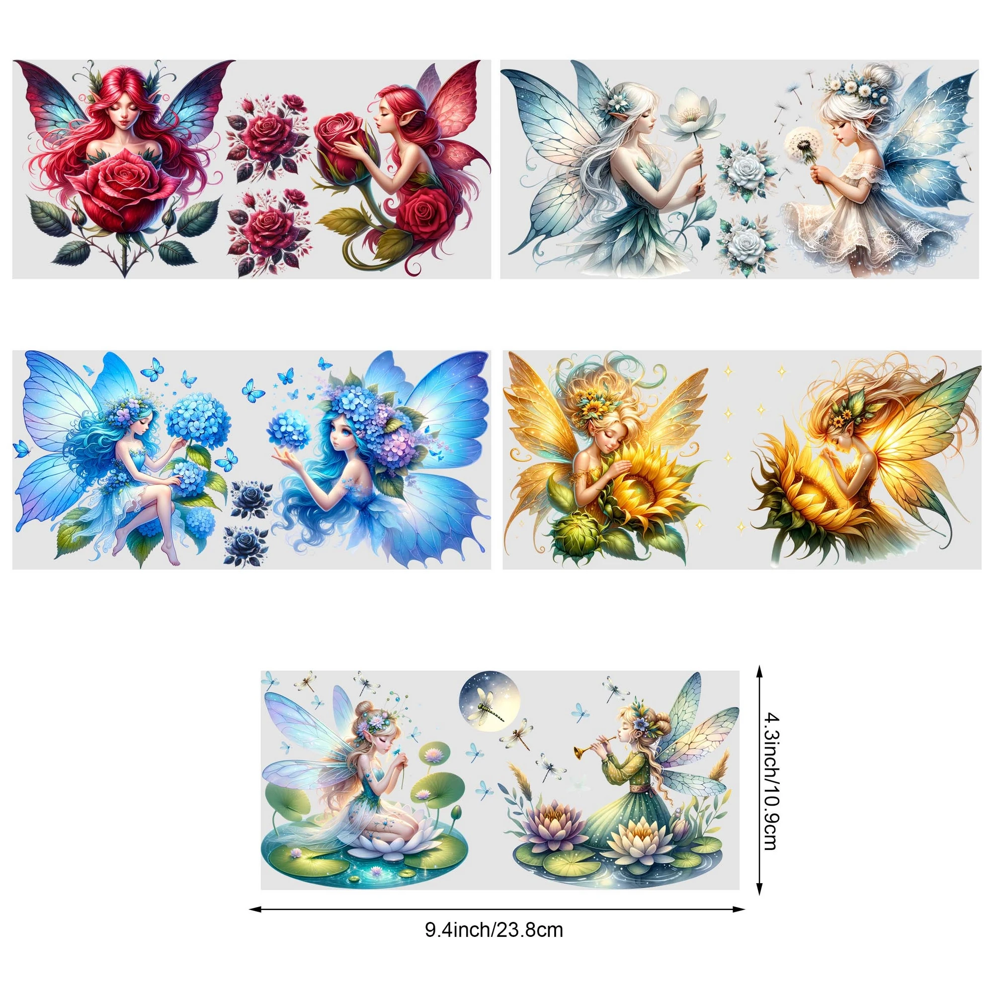 5sheets Flower Fairy UV DTF Cup Packaging for 16oz Glass Cup, Waterproof Beautiful Design Sticker Suitable for 16oz Glass Cup