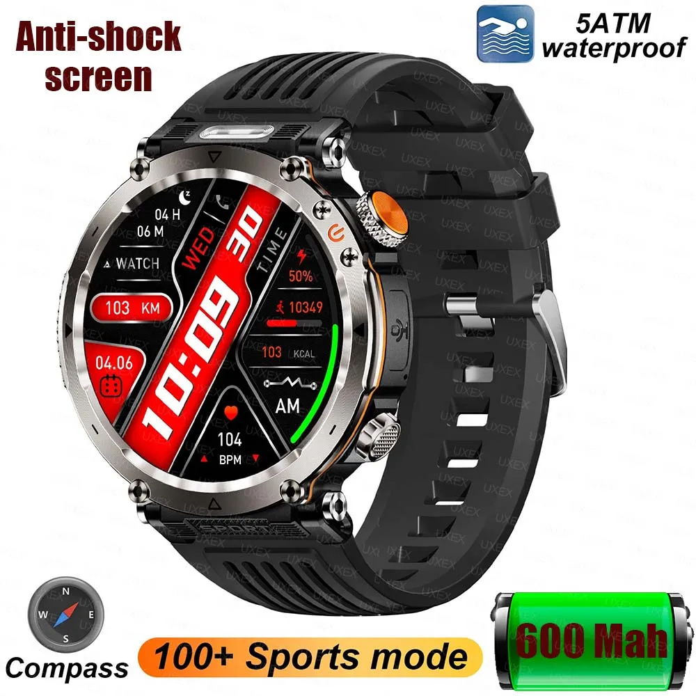 Outdoor Smart Uhr Männer 600 mAh 5ATM LED Taschenlampe SmartWatch Kompass Bluetooth anruf Herzfrequenz IP68 Sport Smartwatch Neue 2026