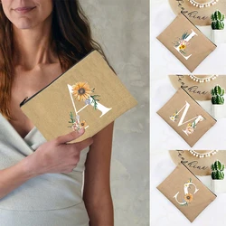 Initial Letter Flower Cosmetic Bags Summer Beach Travel Organizer Case Women Neceser Make Up Bag Linen Zipper Pouch Mujer Bolsa