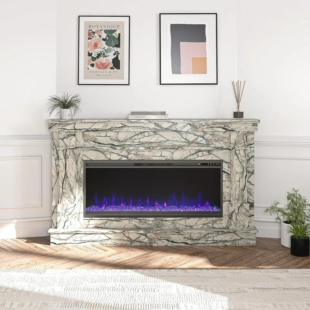 Waverly Wide Mantel with Linear Electric Fireplace & Crystal Ember Bed, Onyx Marble 2