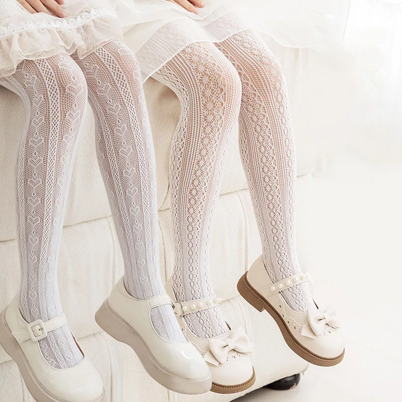 Summer Solid Color Kids Hosiery Heart Lolita Fishnets Children Girls Pantyhose Princess Lace Stockings Kids Tights vogueon girls dress 2021 new lace children s clothing summer korean style peter pan collar sleeveless baby princess dresses kids