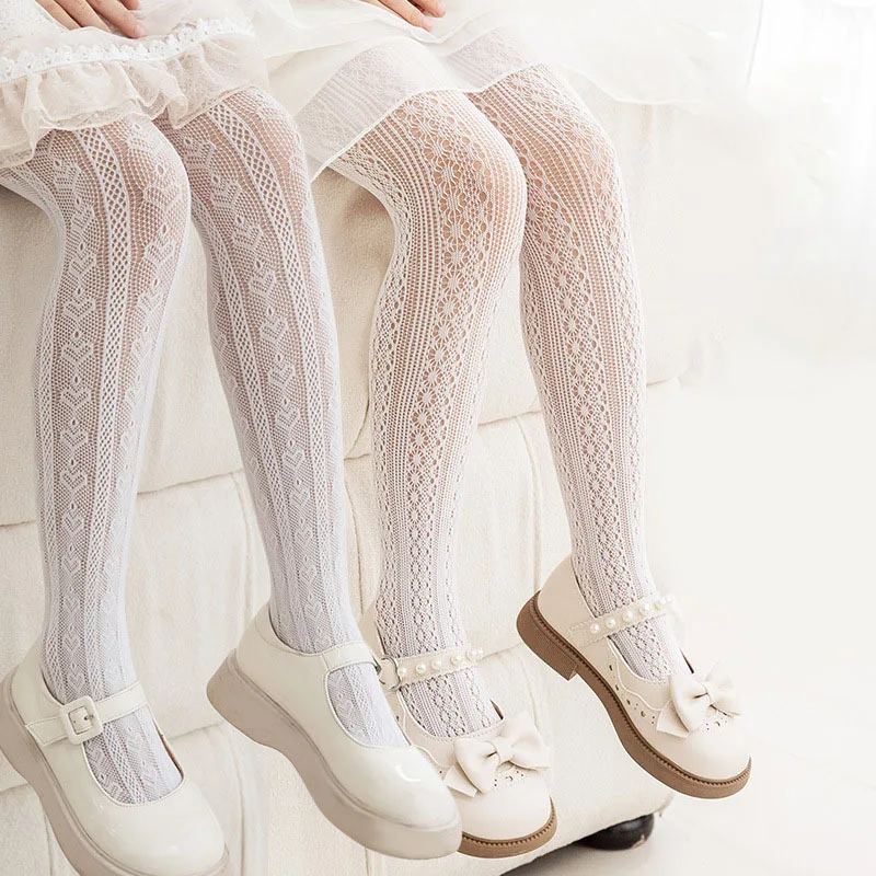 Summer Solid Color Kids Hosiery Heart Lolita Fishnets Children Girls Pantyhose Princess Lace Stockings Kids Tights