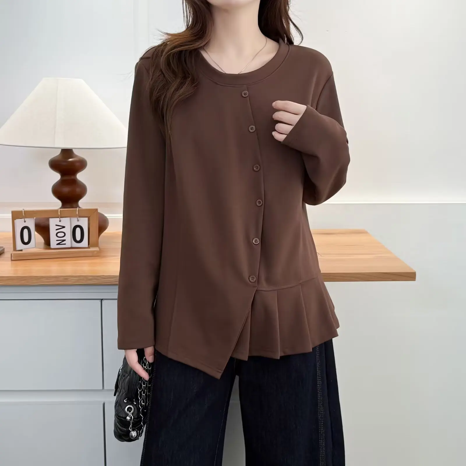 XXXXL Fashion Plus Size Women's T-Shirt New Autumn Style Thickened Irregularly Fold Hem Long Sleeved Top 2545