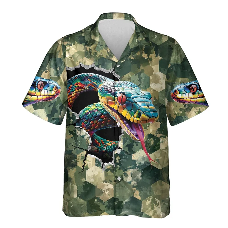 thumbnail image 1 of Camisa hawaiana con estampado de serpiente de terror para hombre, divertida camisa hawaiana con estampado 3D de serpiente, blusas casuales de verano de manga corta con solapa, 1 of 5