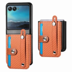 Sleek Solid Color Leather Wallet Phone Case with Wrist Strap and Card Slot for Moto Razr 50 (Brown)