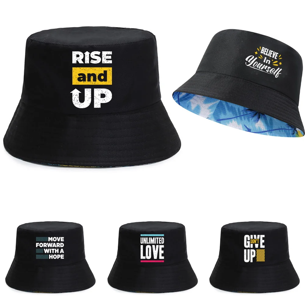 

New Double-sided Fisherman Caps Unisex Summer Outdoor UV-proof Visors Cap Phrase Print Foldable Fishing Beach Hats Bucket Hat