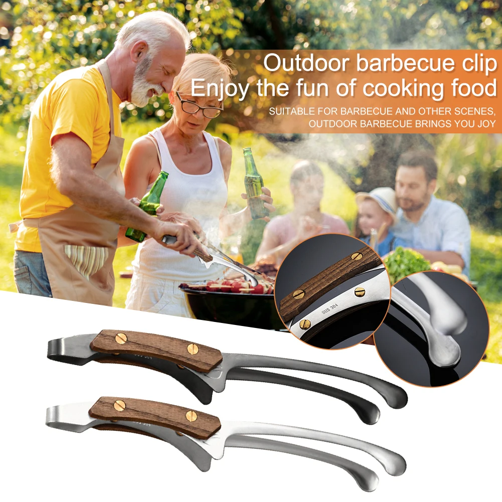 

304 Stainless Steel Grill BBQ Tong Heat Resistant Cooking Tong with Wood Grip Food Tongs Picnic Hiking Cookware Camping Supplies