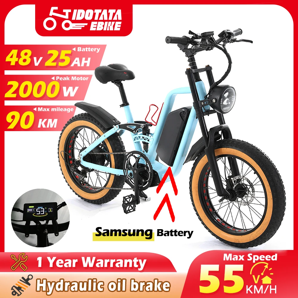 IDOTATA 성인용 고출력 전기 자전거, 2000W 모터, 48V 25AH 배터리, 산악 전기 자전거, 20 인치 4.0 팻 타이어 스노우 전기 자전거