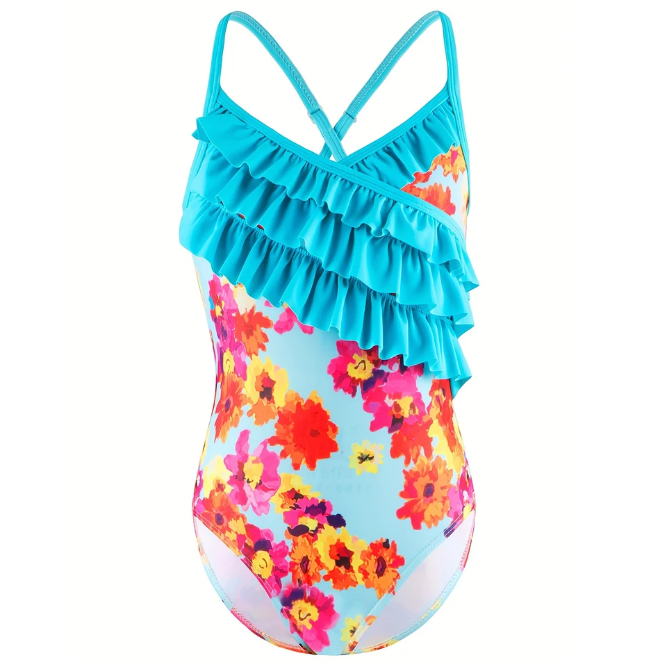 Girls Floral Print Ruffle Bikini Cut Swimwear