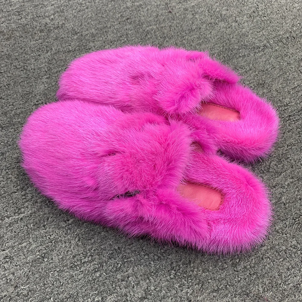 Winter Fashion Shoes Women Real Mink Fur Slippers Winter Warm Fluffy Fur  Slides Cross Styles S6077 - AliExpress