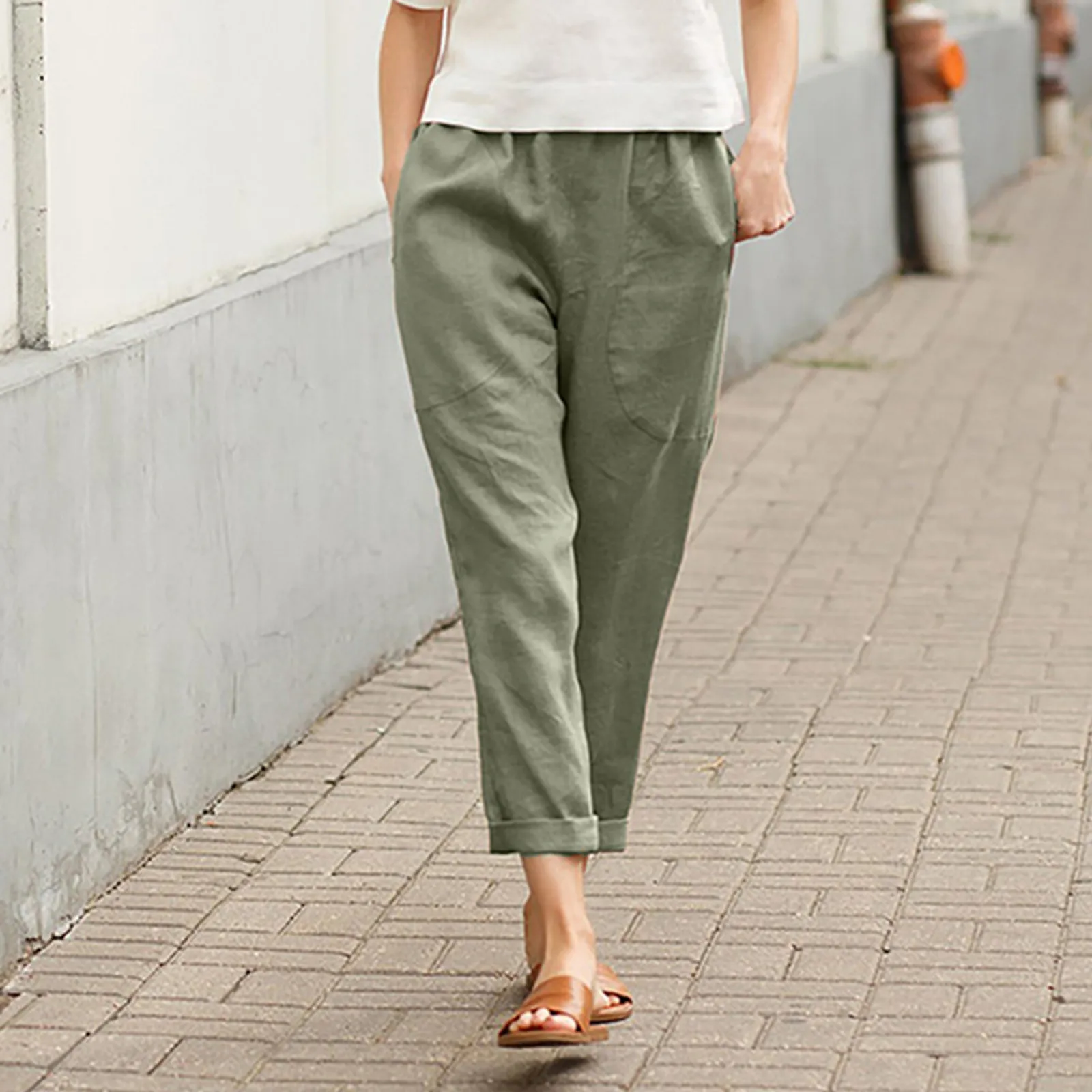 

Women'S Straight Trousers White Size Cotton Linen For Women Solid Color Casual Pants With Pocket Plus Size Pants Clothing