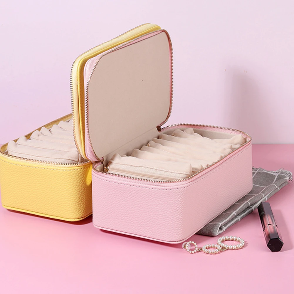PU Leather Jewelry Storage Box with 12 Pouches Travel Necklace Earrings Ring Jewelry Zipper Organizer Display Case Dustproof