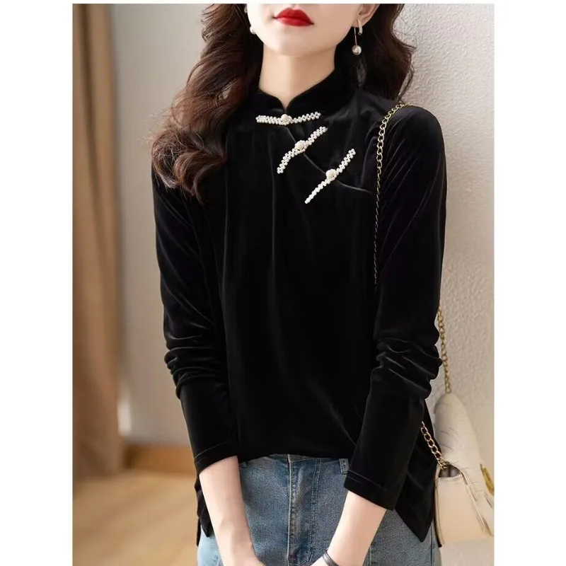 Spring Retro Elegant Long Sleeve Loose Long Tradition Cheongsam Dress Loose Chinese Collar Modern Improved Qipao