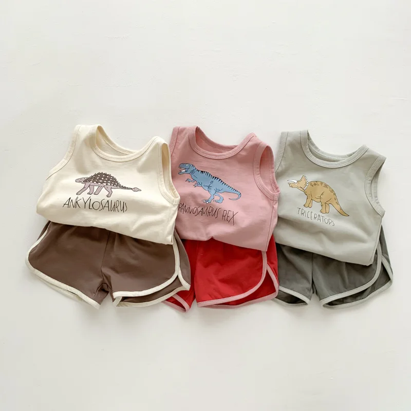 

2023 Summer Dinosaur Baby Sets 6-36M Cartoon Sleeveless Vest Tops + Shorts 2pcs Boys Girls Clothing Outfits