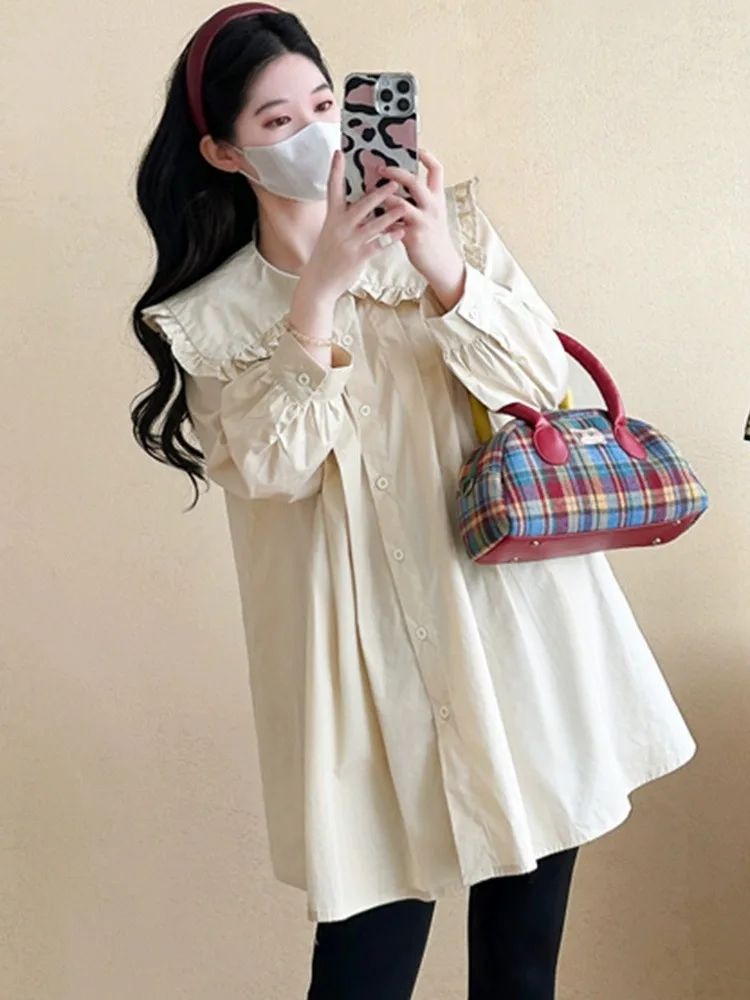 봄 가을 긴팔 임부복 숨은 배 부분이 있는 세련된 세트 한국 스타일 단색 인형 칼라 기본 포장