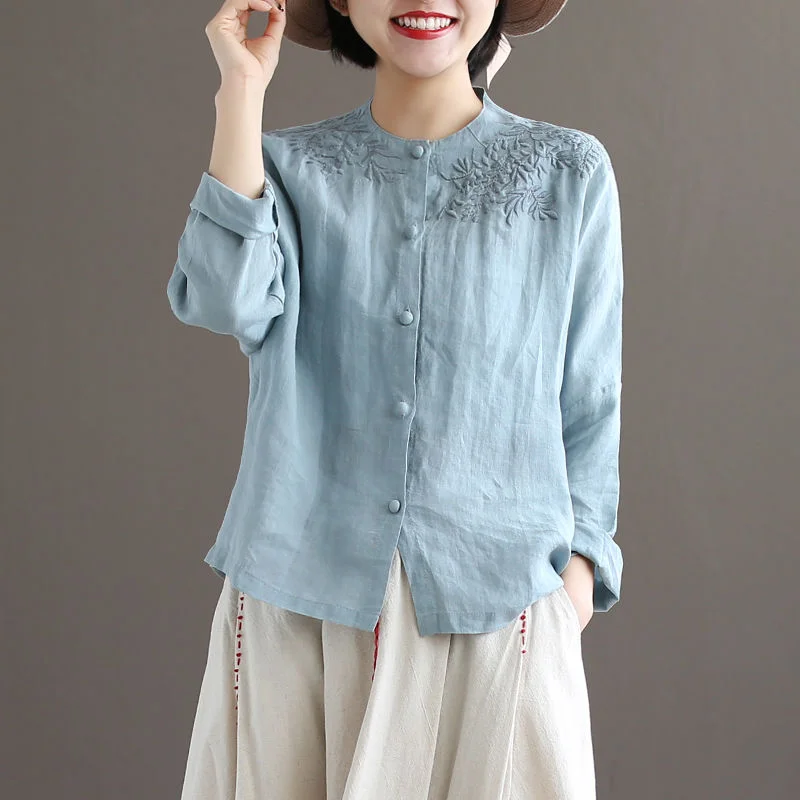 

Cotton Embroidered Shirt for Women's Spring Literary Style Loose Long Sleeve Middle Age Versatile Solid Color Underlay Shirt