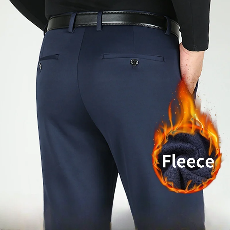 Thicken Fleece Winter Fashion Suits Pants Men Straight Stretch Warm Dress Trousers For Male Khaki Black Office Formal Pants 2