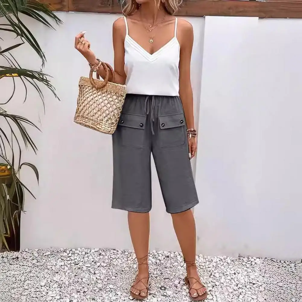 

Front Pocket Shorts Stylish Knee Length Women's Shorts with Drawstring Elastic Waist Buttoned Front Pockets for Casual Daily