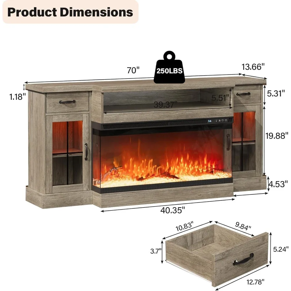 TV Stand for 80", Fireplace Entertainment Center with 40" Electric Fireplace with Drawers, TVs Stands 2