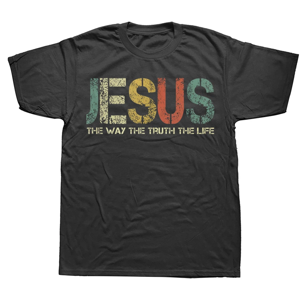 Jesus Der Weg, die Wahrheit, das Leben Kurzarm-T-Shirt im Retro-Stil mit Distressed-Buchstaben-Grafik und Rundhalsausschnitt für christliche Gläubige