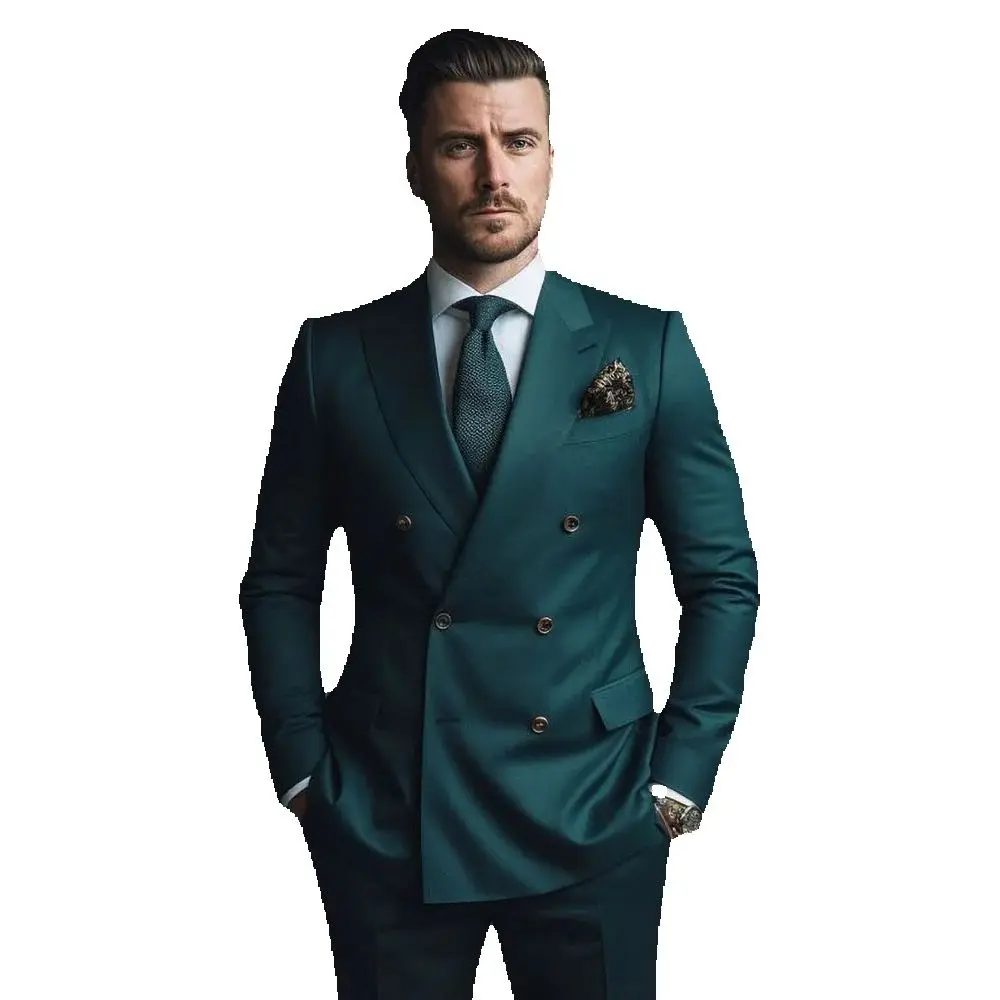 Men Suits 2 Piece Elegant Peak Lapel Double Breasted Outfits Business Casual Formal Wedding Groom Tuxedo Slim (Blazer+Pants) 3