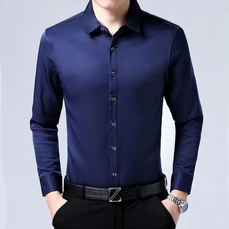 2023 New Men's Clothing Shirt Square Collar Long Sleeve Spring Autumn Casual All-match Business Solid Color Button Tops