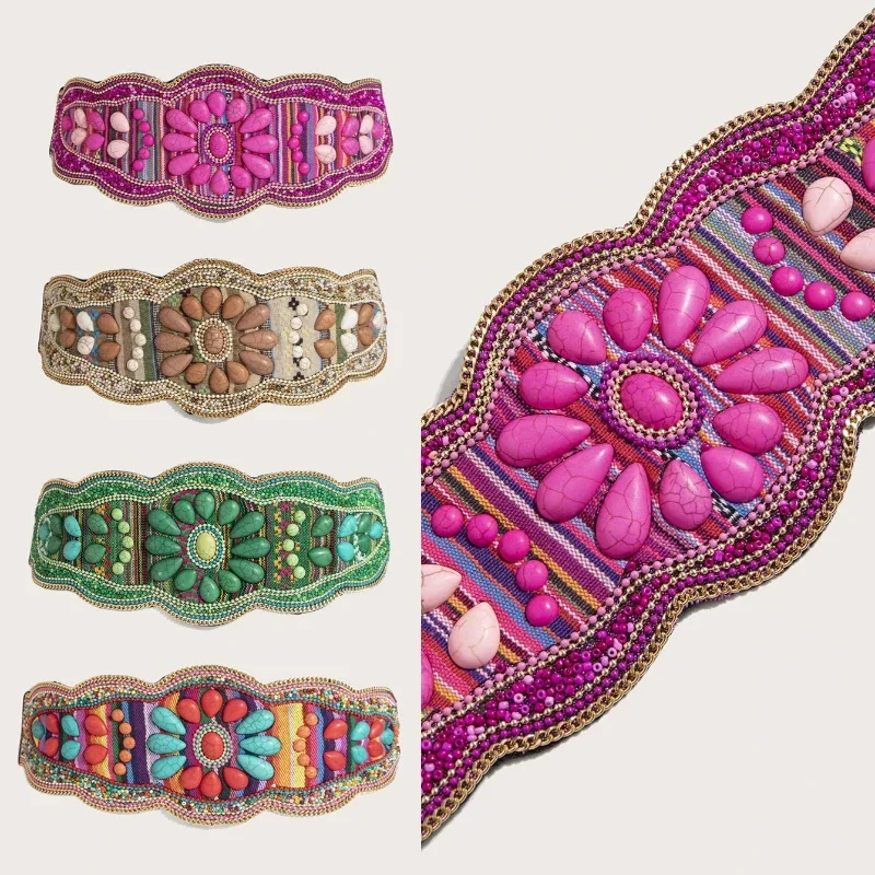 

Fashionable Personalized Women's Belt Bohemian Turquoise Handmade Beaded Belt with Ethnic Style Designer Elastic Snap Button