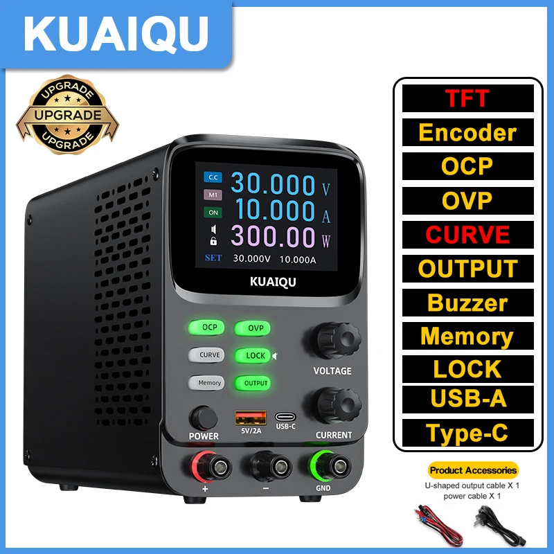 แหล่งจ่ายไฟฟ้ากระแสตรงแบบปรับค่าได้ KUAIQU Lab Teste Curve พร้อมหน้าจอ TFT แสดงผล 5 หลัก แรงดันไฟฟ้า 30V 10A 5A 300W พร้อมระบบป้องกันกระแสเกิน (OCP) และแรงดันเกิน (OVP) 1