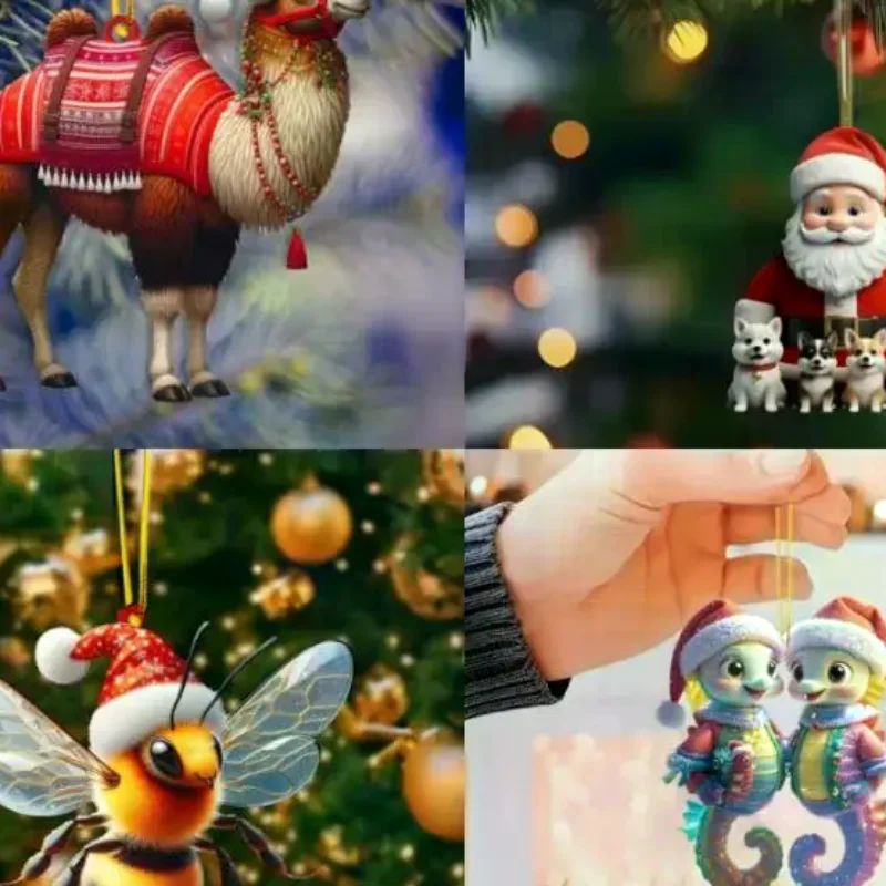 2D Christmas Tree Pendant 2D Flat Acrylic Xmas Tree Hanging Ornaments Cartoon Home Decor New Year Christmas Gifts